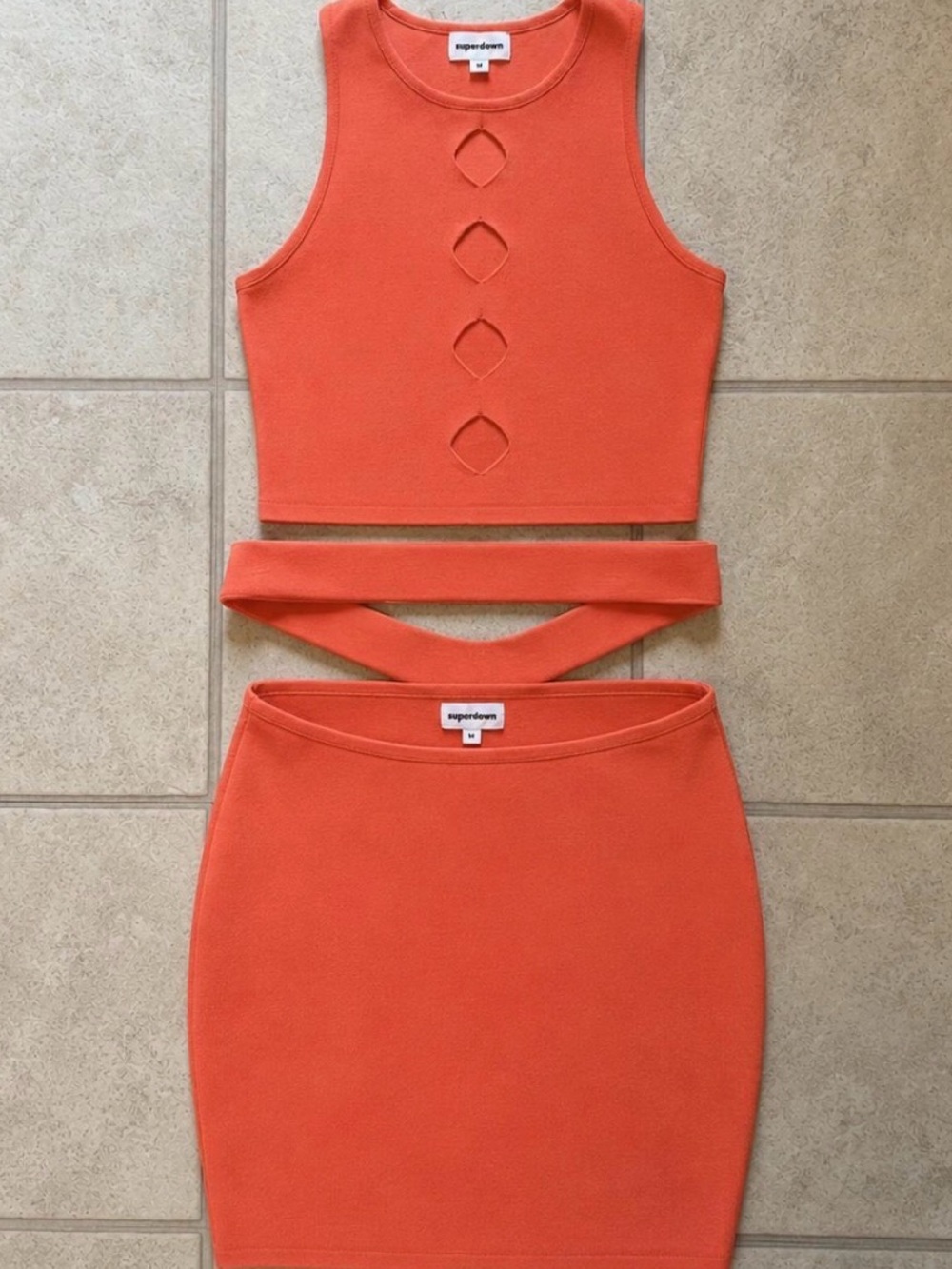 Superdown coral orange cutout knit 2 piece mini skirt set